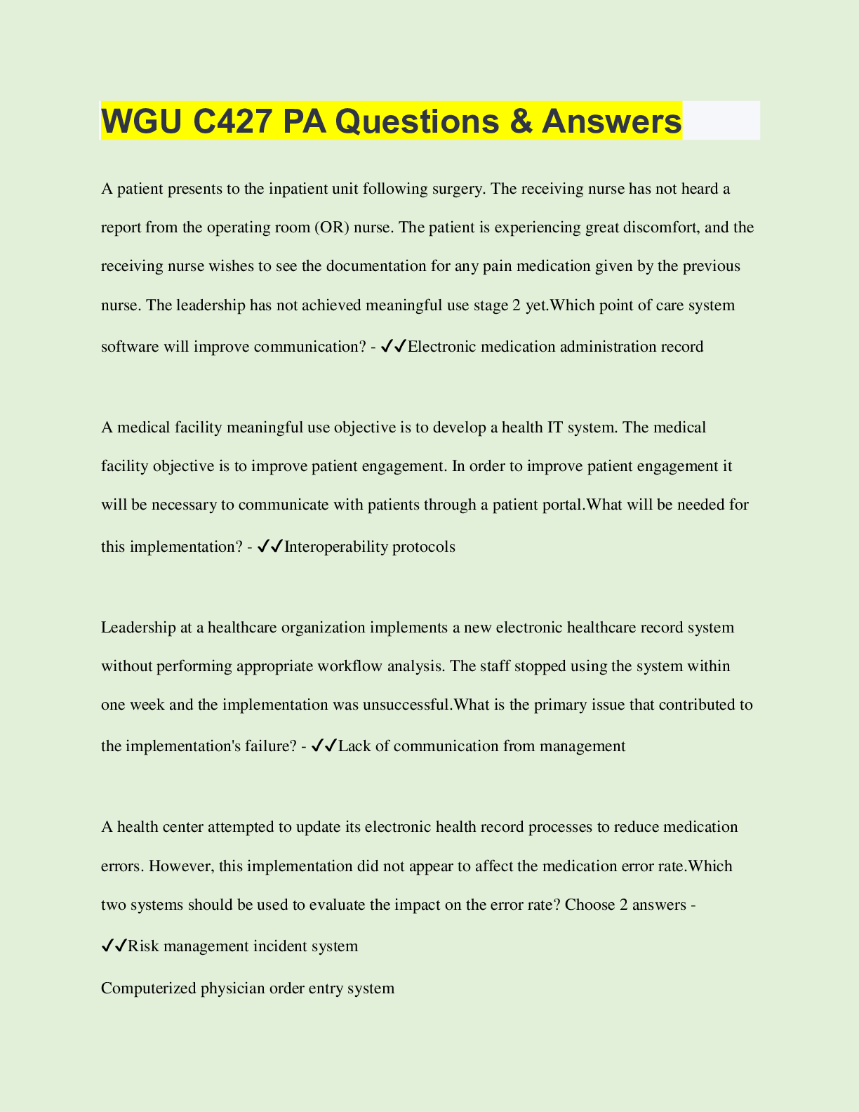 Preview of WGU C427 PA Questions & Answers | 55 Questions with 100% Correct Answers | Verified | Late